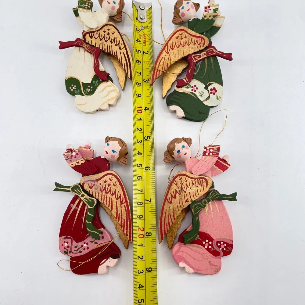 Vintage Angel Christmas Decor Set Lace Sisal Straw Figures Wooden Ornaments 6pc